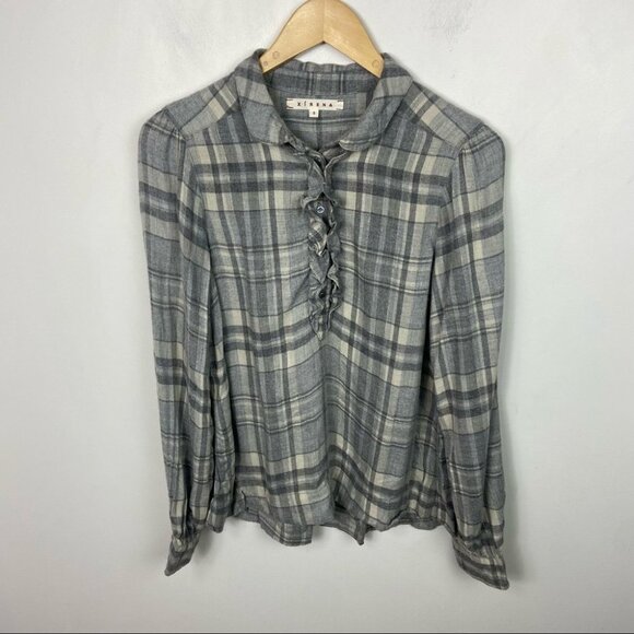 XIRENA Ali Top Dovetail Flannel Ruffle Grey Blouse Size Small Plaid Popover USA - Picture 10 of 10